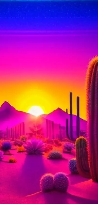 Vibrant desert sunset with colorful cactus silhouettes.