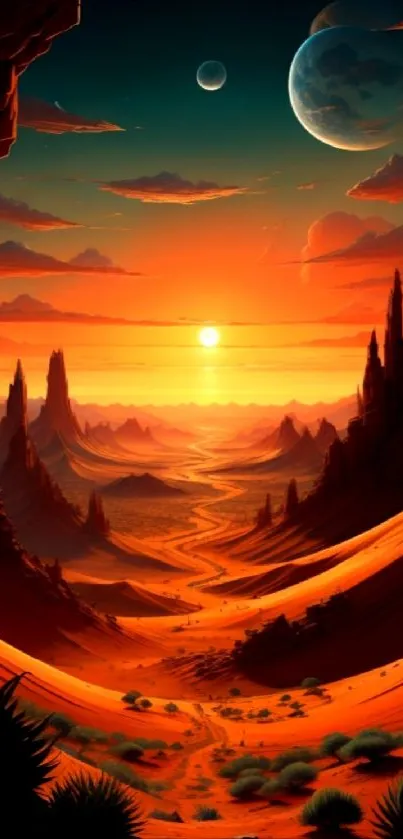 Vibrant desert scene with sunset and planets.