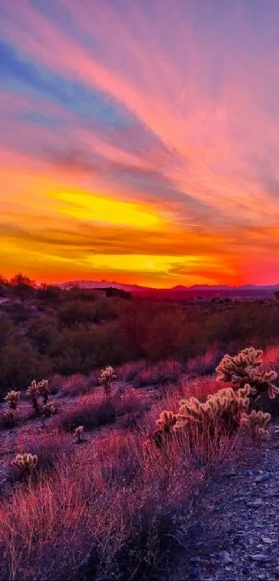 Vibrant orange desert sunset with colorful sky.