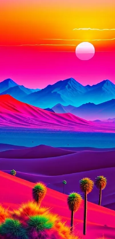 Vibrant desert sunset with mountains and palm trees.