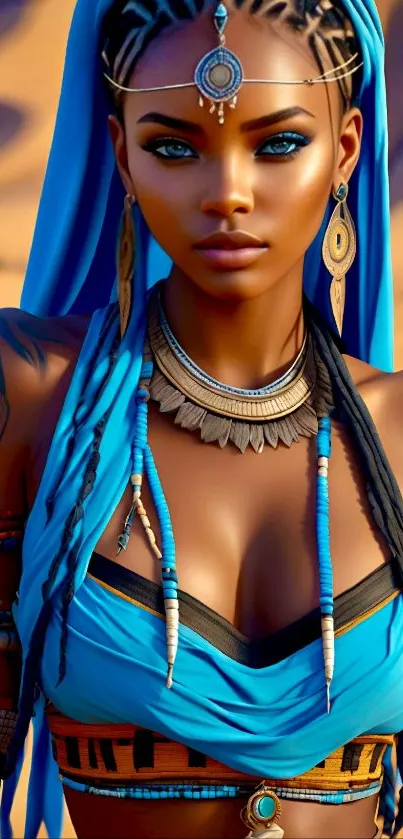 Digital artwork of a vibrant warrior in desert setting, featuring blue attire.