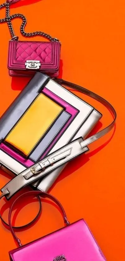 Vibrant designer handbags on orange backdrop.