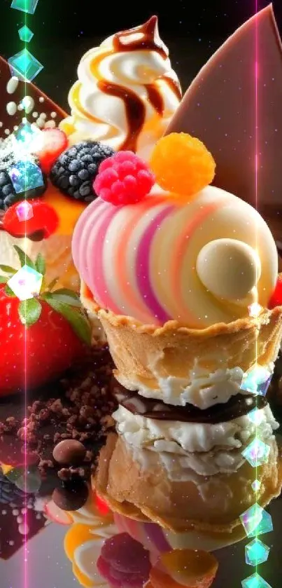 Colorful dessert arrangement with chocolate and fruit on a reflective surface.