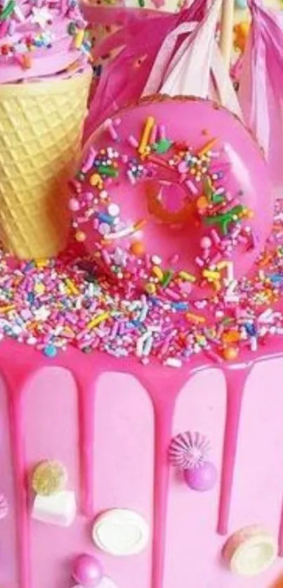 Pink cake with sprinkles, donut, ice cream cone decoration.