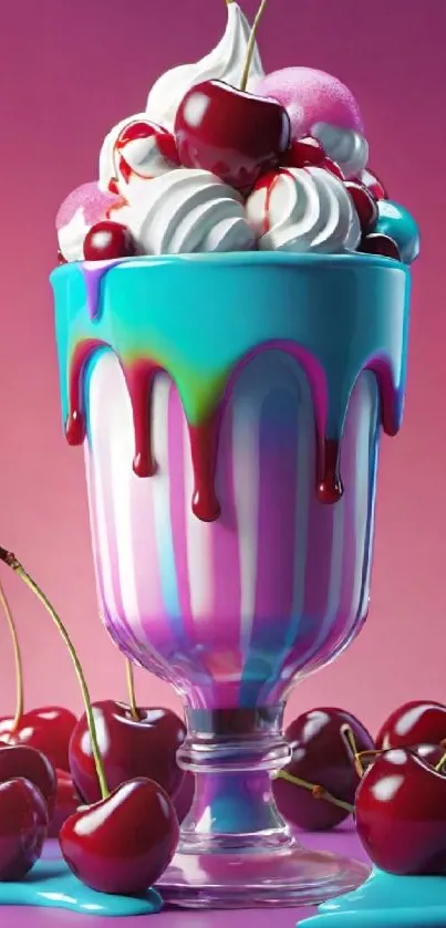 A vibrant sundae topped with cherries and colorful drips in a glass cup.