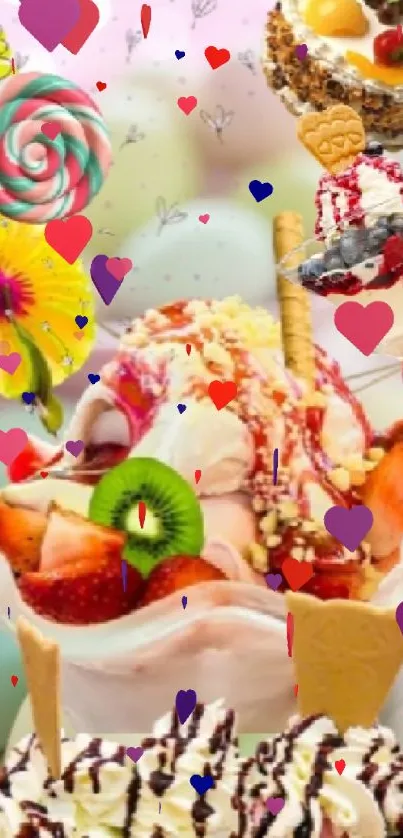 Delicious dessert wallpaper with colorful ice creams and toppings.