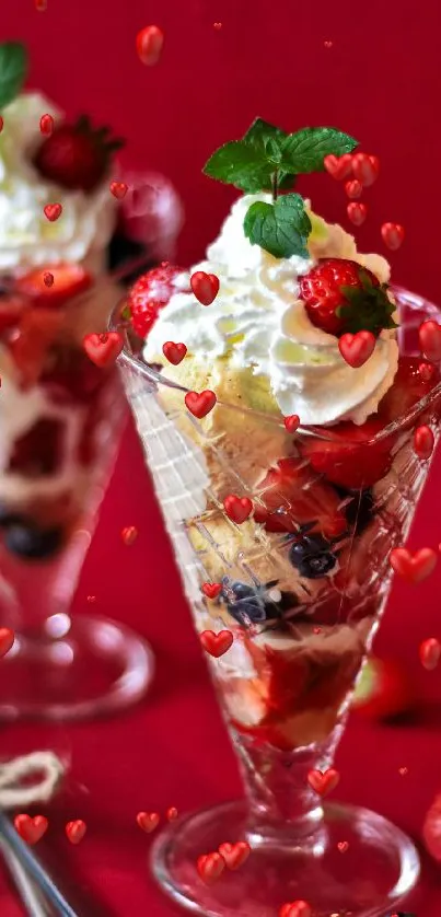Delicious berry parfaits with cream in glass cups on a red background.