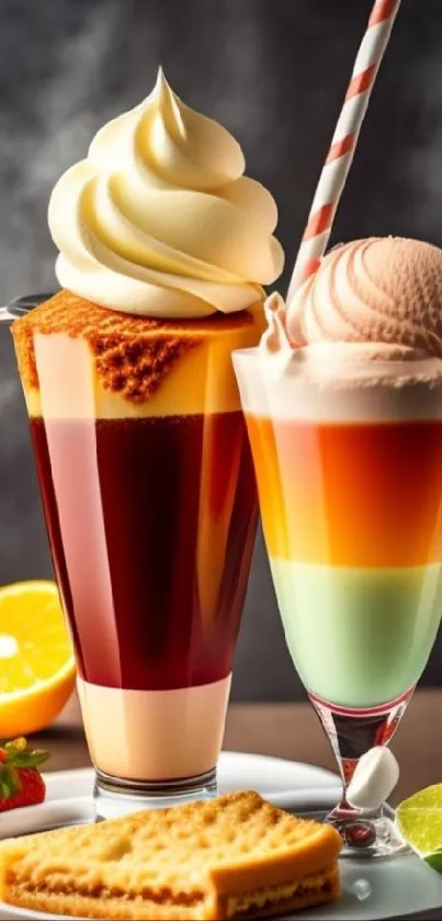 Colorful dessert drinks with creamy toppings and fruit slices.