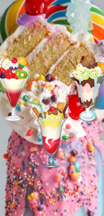 Vibrant candy and dessert mobile wallpaper with colorful sweets and sprinkles.