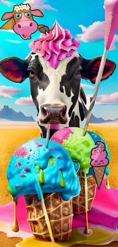 Whimsical cow with colorful ice cream cones in a fantasy setting.