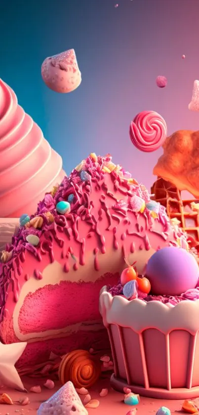 Colorful dessert fantasy with cupcakes and ice cream, ideal for phone wallpaper.