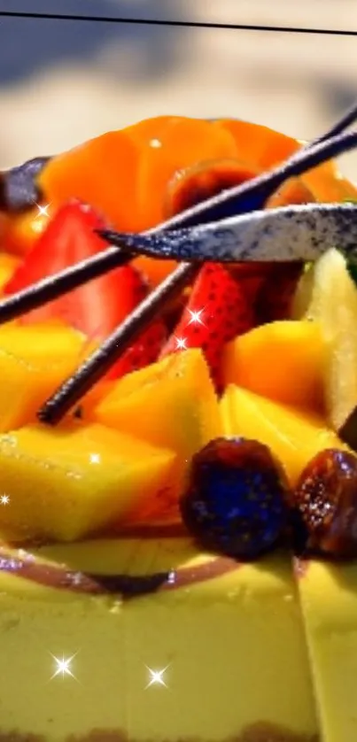 Vibrant yellow dessert with fruits and vanilla sticks.