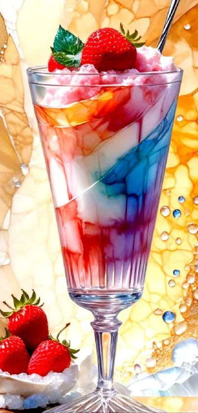 Colorful dessert glass with strawberries on artistic background.