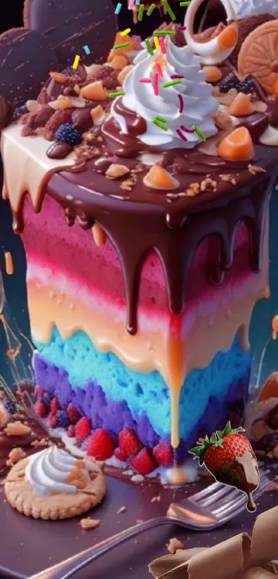 Colorful layered cake with chocolate, fruit, and cookie toppings.