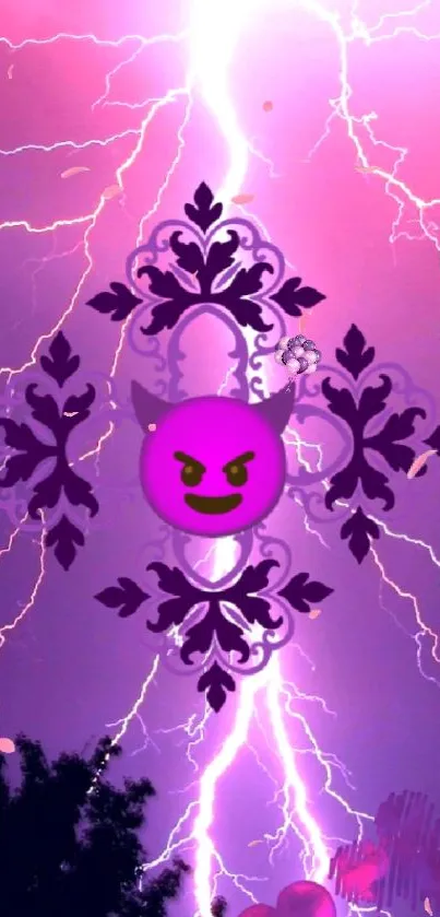 Purple lightning wallpaper with devil emoji design.