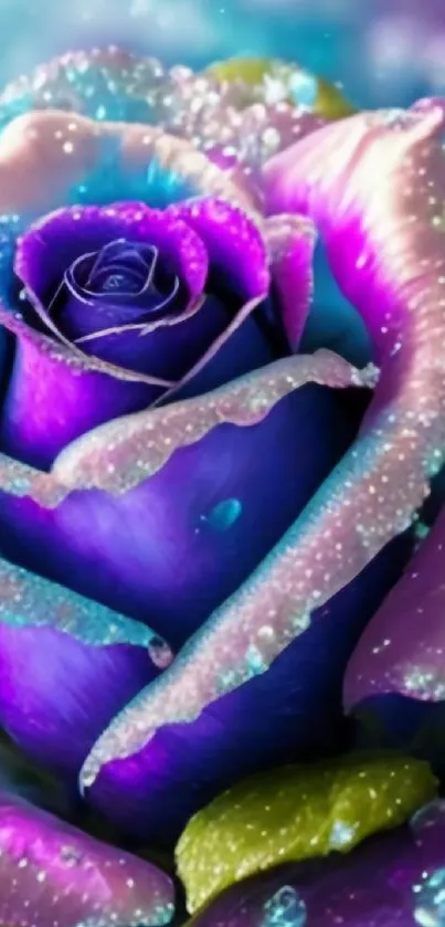 Vibrant rose with dewdrops in purple hues for mobile wallpaper.