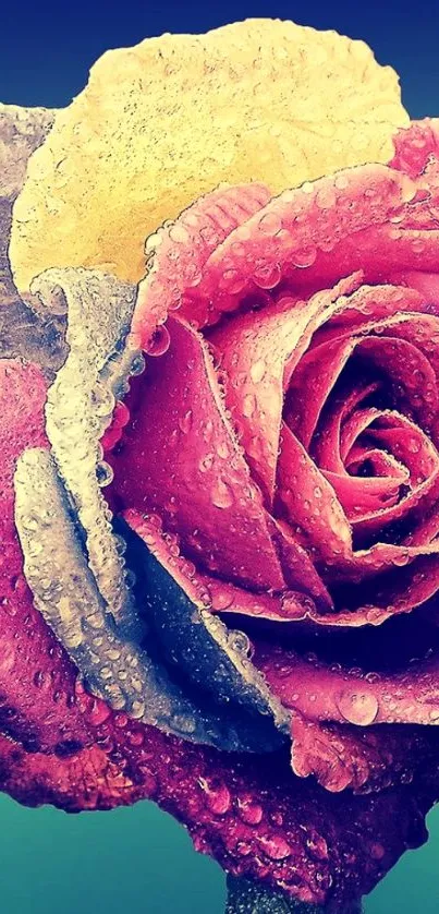 Vibrant rose with dewdrops on petals against a gradient background.