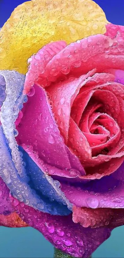 Vibrant multicolored rose with dewdrops on petals.