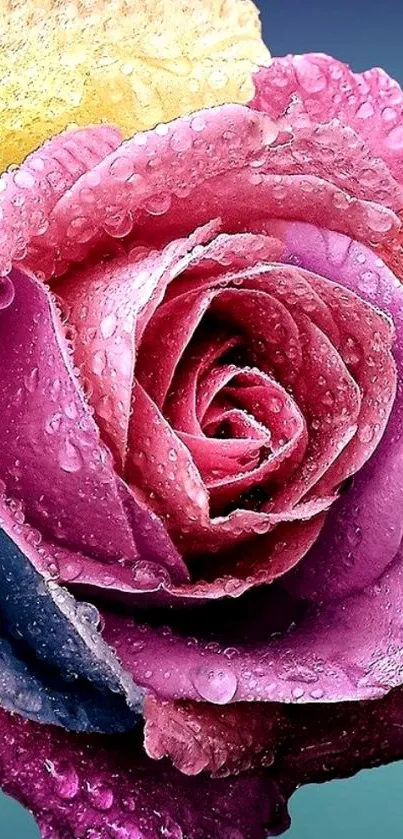 Close-up of a colorful dew-kissed rose in vibrant shades.