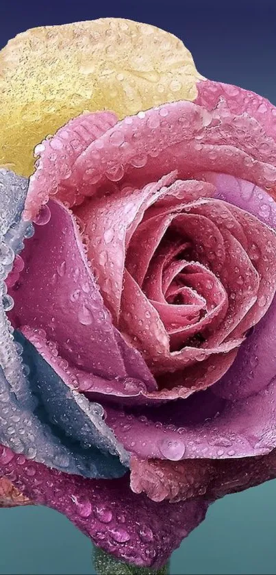 Multicolored rose with dew drops on petals, beautiful mobile wallpaper.