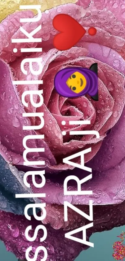 Colorful rose with dew drops and text Assalamualaikum.