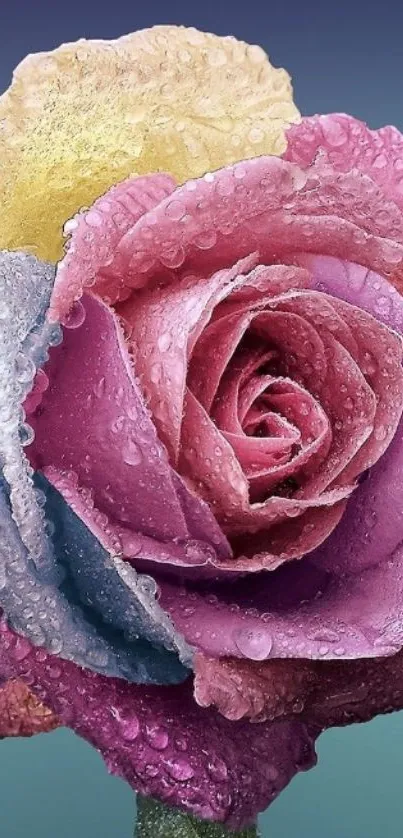 A vibrant rose with multicolored petals covered in dew drops.