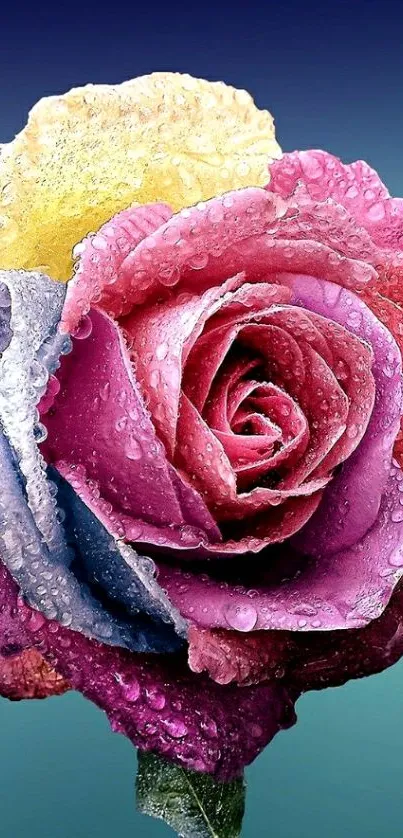 Vibrant multi-colored rose with dewdrops on petals against a blue gradient backdrop.