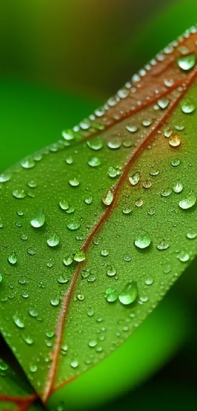 Green leaf with water droplets, vibrant mobile wallpaper.