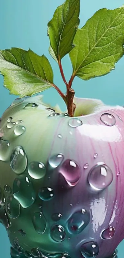 A dewy apple with vibrant gradient colors and green leaves.