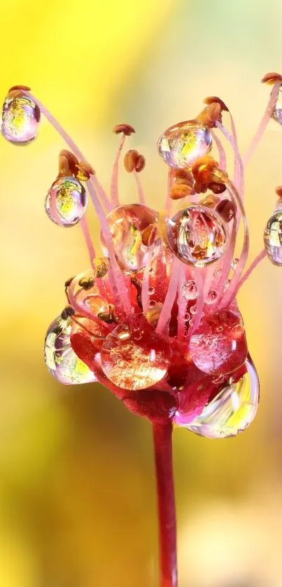 Vivid macro photo of a dewdrop-covered flower on a yellow background.