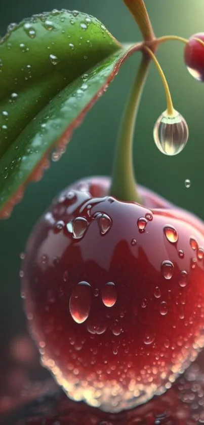 Realistic cherry with dew drops, vibrant mobile wallpaper.