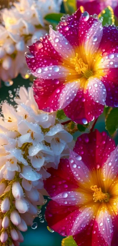 Vibrant flowers with dew drops in a colorful display.