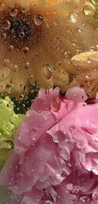 Colorful flowers with dewdrops on petals.