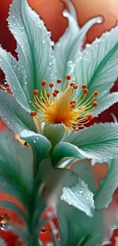 Vibrant dewy flower with intricate petals on a coral background