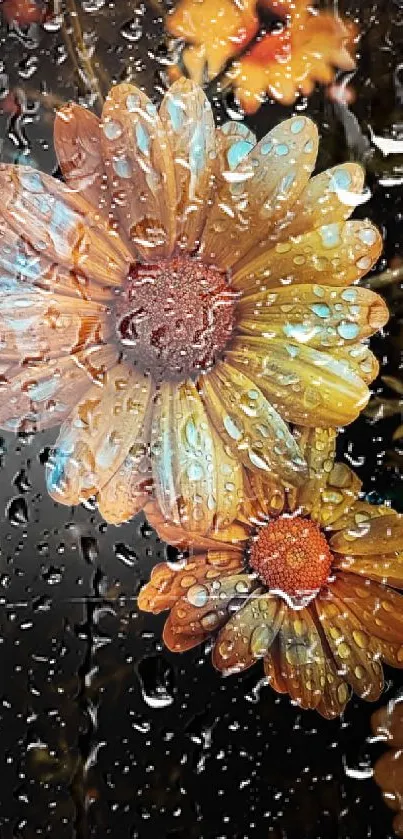 Orange flowers with dew drops on petals.