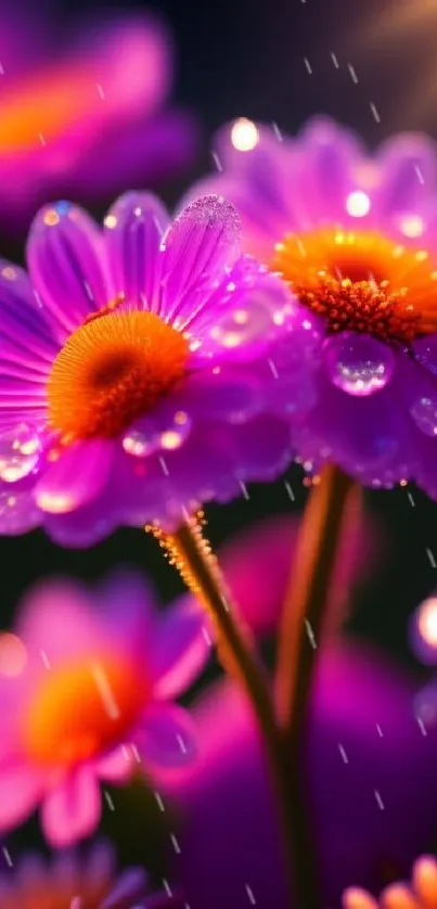 Close-up of vibrant purple flowers with dewdrops, glowing softly.