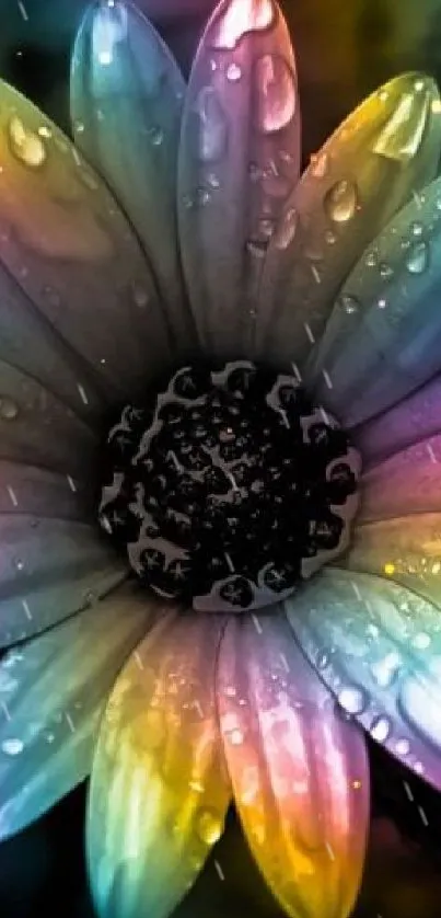 Colorful flower with dewdrops and rainbow petals.