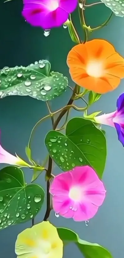 Colorful dewy morning glory flowers on vine.