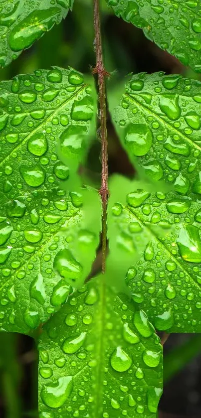 Dew drops on vibrant green leaves creating a fresh, natural look.