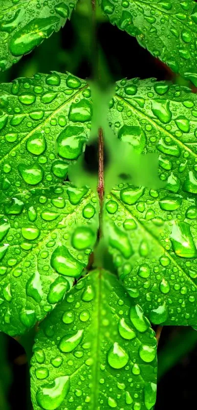 Close-up of dewy green leaves, vibrant and fresh.