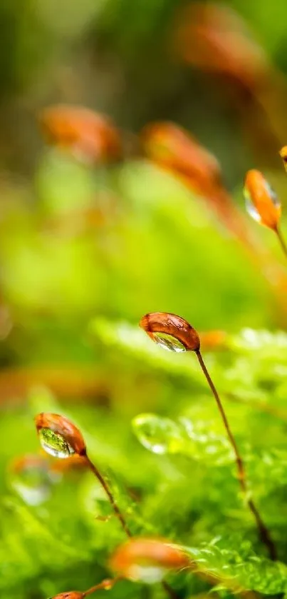 Closeup of vibrant green leaves with dewdrops on a mobile wallpaper.