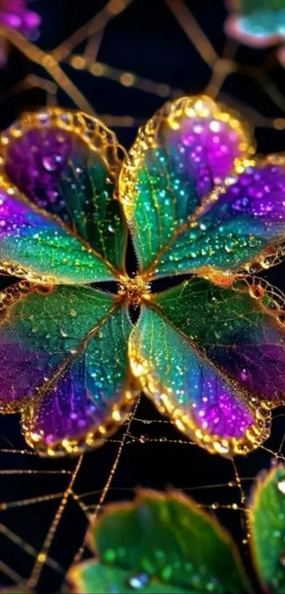 Vibrant green and purple dewy leaf wallpaper.