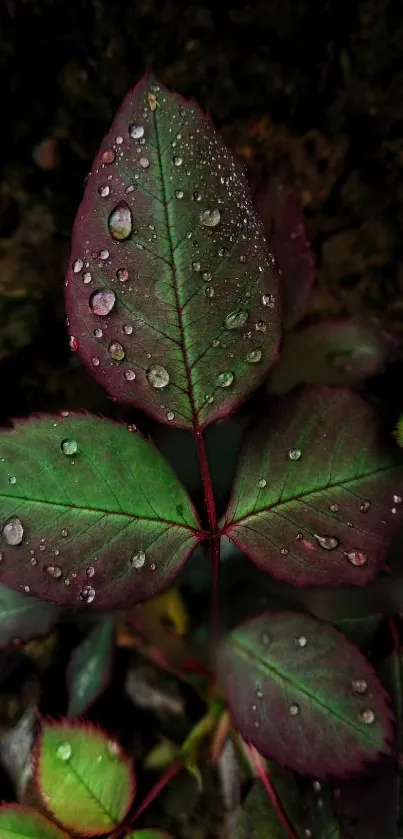 Close-up of dewy green and red leaves on a dark background.
