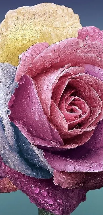 Dewy multicolor rose with vibrant pastel hues and water droplets on petals.