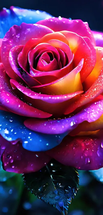 A vibrant rainbow rose with dewy petals in vivid colors, perfect for a phone wallpaper.