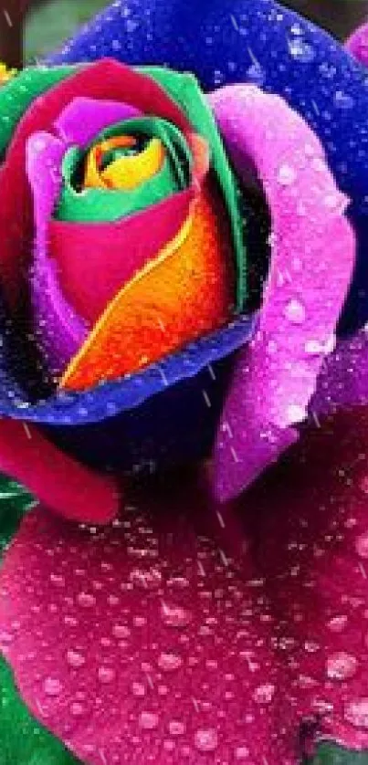 Vibrant rainbow rose with dewdrops in purple and green hues.