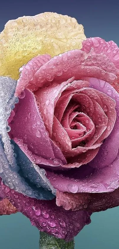 Close-up of vibrant, dewy rose petals with multicolored hues.
