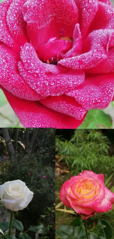 Collage of pink, white, and yellow roses with dewdrops.