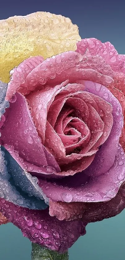 Vibrant pink rose with dewy petals and colorful background.