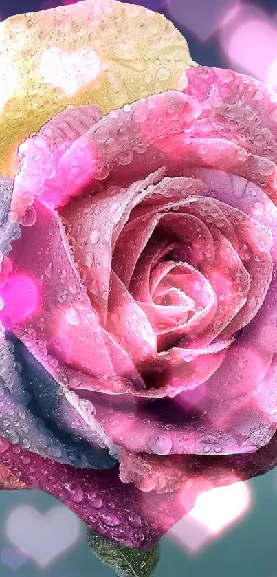 Vibrant dewy rose with pink hues and heart bokeh in the background.